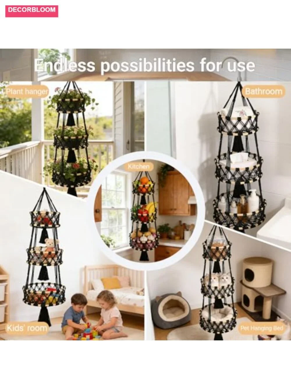 3 Tier Hanging Fruit Basket Macrame Cotton Rope Handwoven Hammock Produce